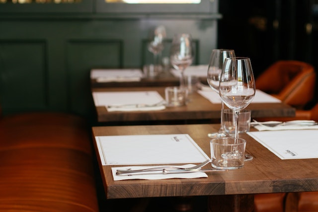 restaurant table with wine glasses